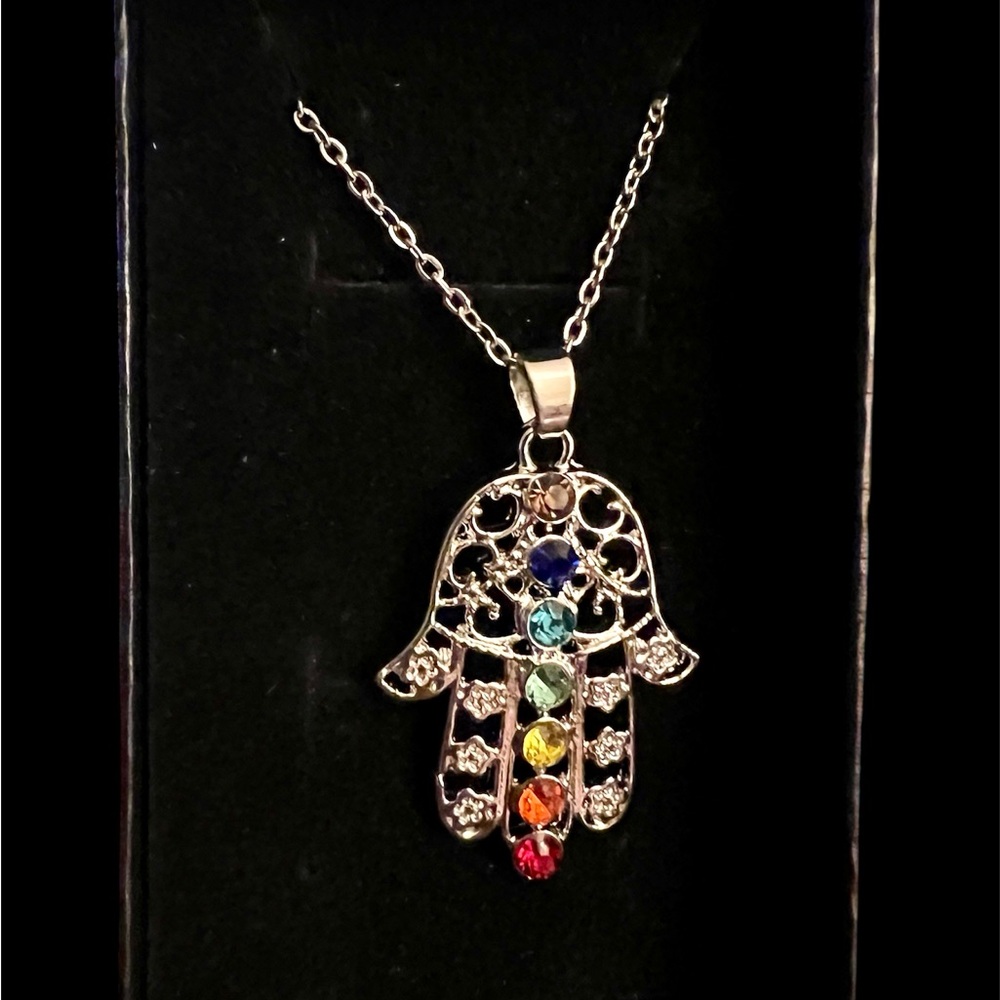 Silver Hamsa Hand Necklace with chakra stones NWT
